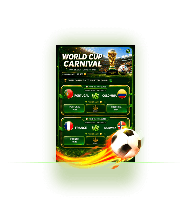 Mobile screen mockup of a World Cup event page on LivU, showing a match prediction dashboard where users can vote on teams to earn bonus coins