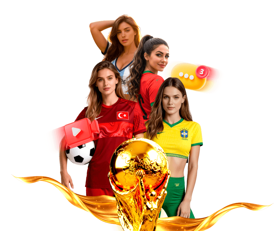 Promotional banner for LivU's FIFA World Cup 2026 live event, featuring a golden trophy and cheerful women wearing different national football jerseys