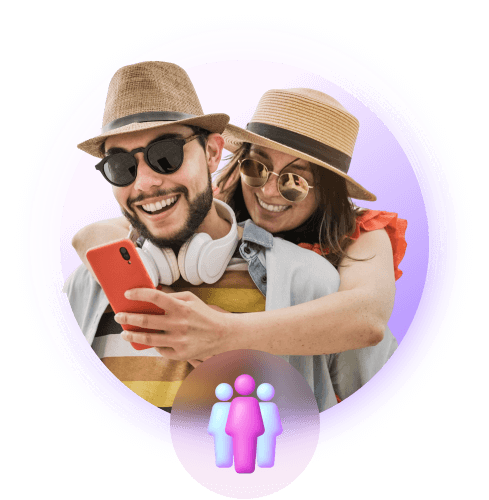Young Couple with hats making new friends on the LivU app. 