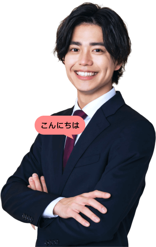 Young Japanese man with a suit saying hello.